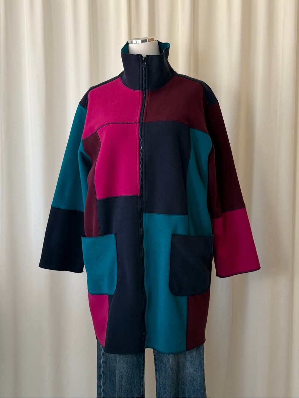 Vintage 1990s Susan Bristol Colorblock Fleece Jacket Coat Medium Retro. - Picture 2 of 11